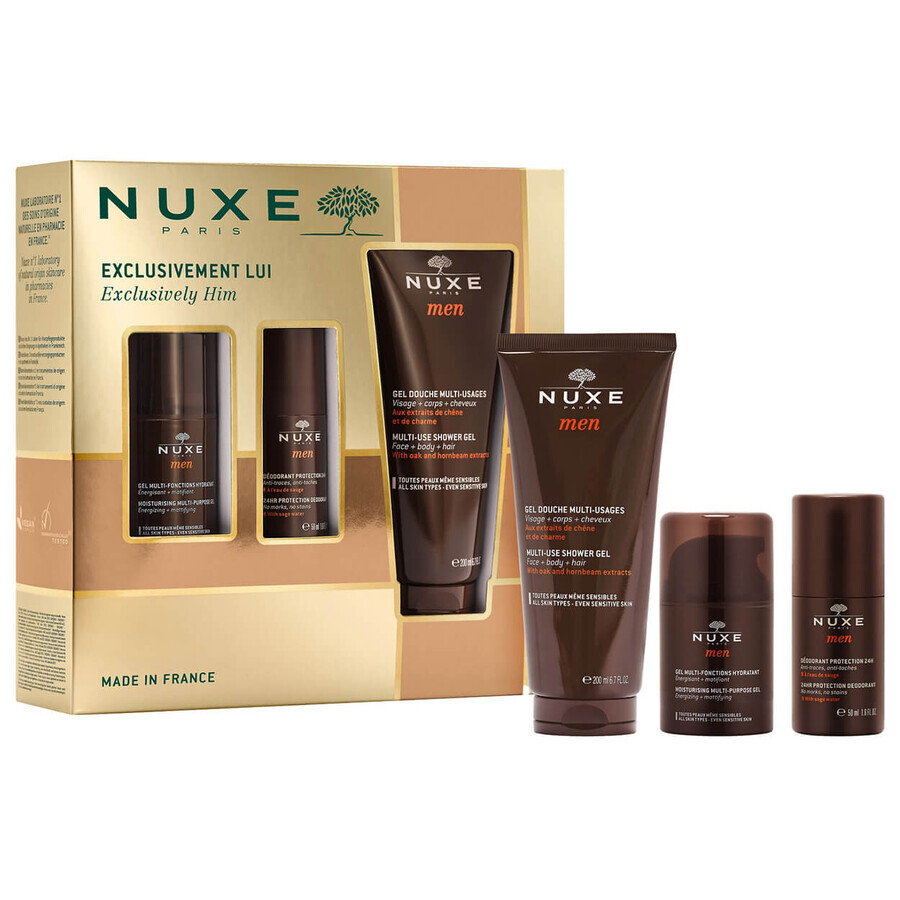 Nuxe Men Set, Feuchtigkeitsgel für das Gesicht 50 ml + Deoroller 50 ml + Duschgel 200 ml