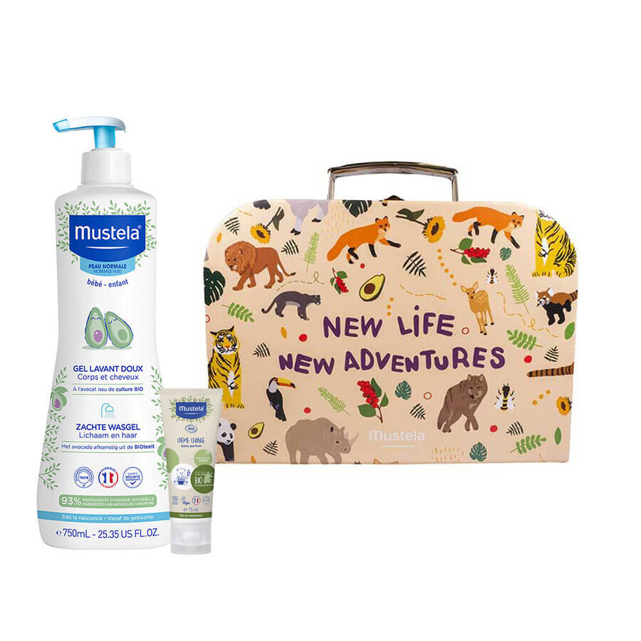 Set Mustela Bebe Enfant, sanftes Reinigungsgel für Körper und Kopf, ab Geburt, 750 ml + Ersatzcreme, 75 ml + Schachtel, 1 Stück gratis