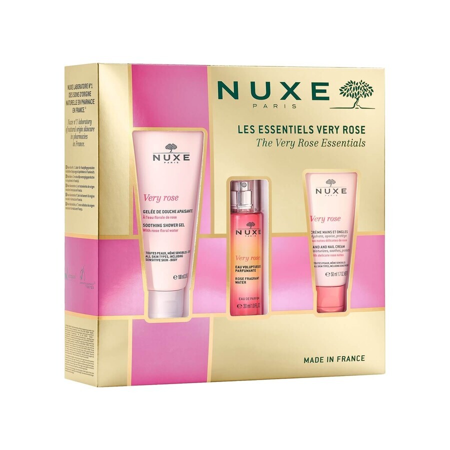 Coffret Very Rose de Nuxe, crème pour les mains et les ongles, 50 ml + gel douche, 100 ml + eau de parfum à la rose, 30 ml