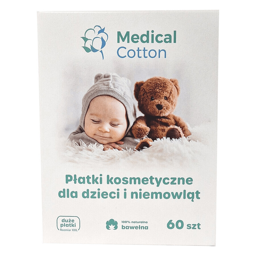 Medical cotton, cosmetic pads for babies and children, large, 100% cotton, from birth, 60 pieces