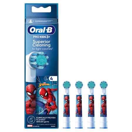 Oral-B Pro Kids, spazzolino elettrico con punte, Spiderman, oltre 3 anni, ultra morbido, 4 pezzi