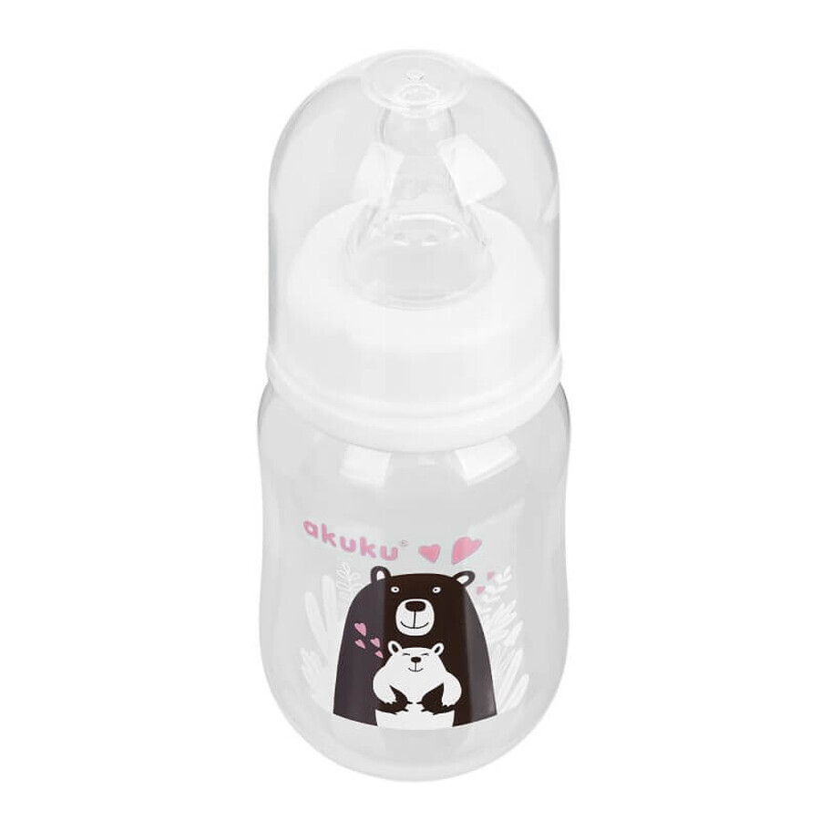 AKUKU, biberon cu gaură îngustă, cu tetină rotundă din silicon cu flux lent, Teddy Bear, A0004, de la naștere, 125 ml