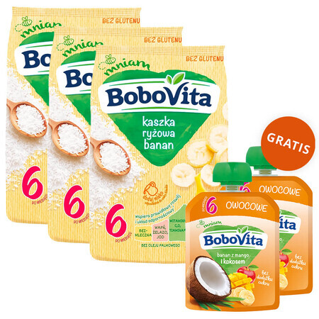 BoboVita set Papilla de arroz, plátano, sin lácteos, sin gluten, después de 6 meses, 3 x 180 g + mousse en tubo, mousse de plátano con mango y coco, 2 x 80 g gratis