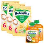 BoboVita set Papilla de arroz, plátano, sin lácteos, sin gluten, después de 6 meses, 3 x 180 g + mousse en tubo, mousse de plátano con mango y coco, 2 x 80 g gratis