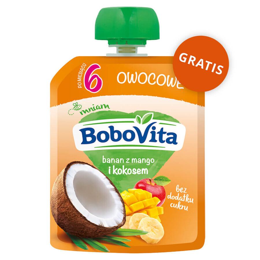 BoboVita set Papilla de arroz, plátano, sin lácteos, sin gluten, después de 6 meses, 3 x 180 g + mousse en tubo, mousse de plátano con mango y coco, 2 x 80 g gratis