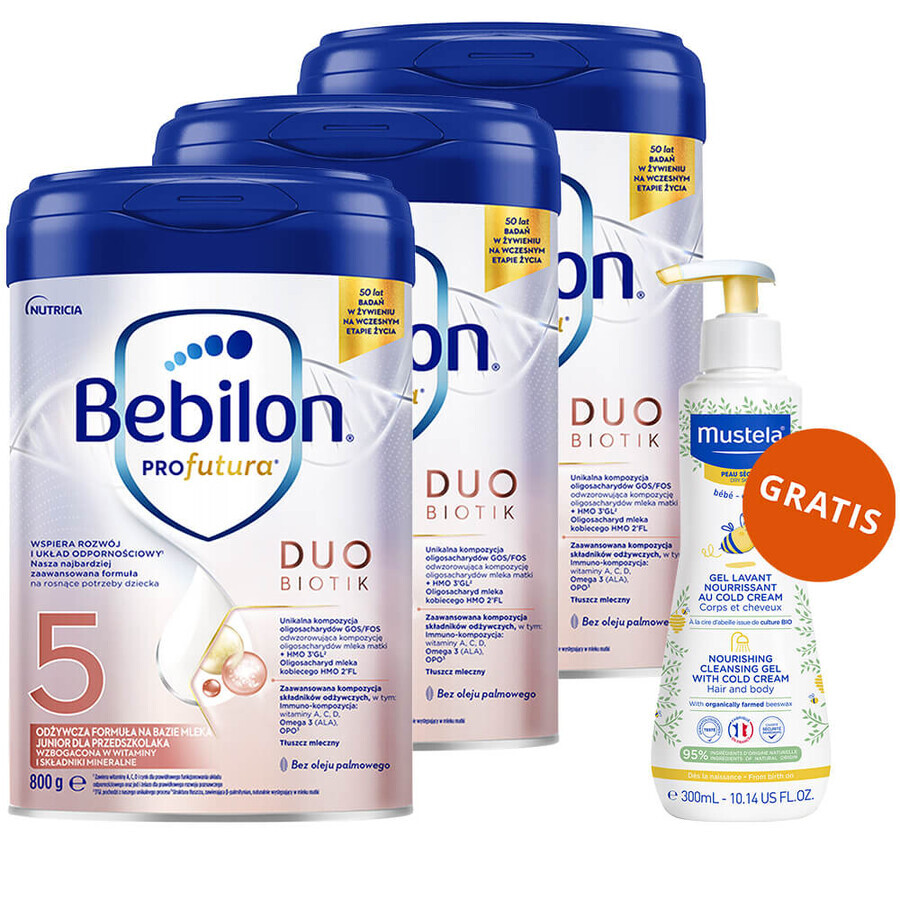 Set Bebilon Profutura Profutura DuoBiotik 5, nourishing milk-based formula for pre-schoolers, 3 x 800 g + Mustela Bebe Enfant, nourishing wash gel, 300 ml free of charge