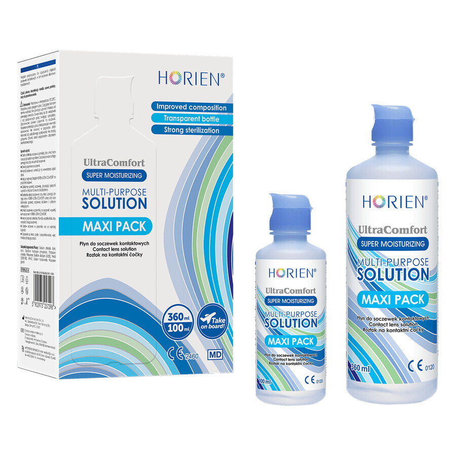 Horien Ultra Comfort Multifunktionslösung, Kontaktlinsenflüssigkeit, Maxi-Pack, 360 ml + 100 ml