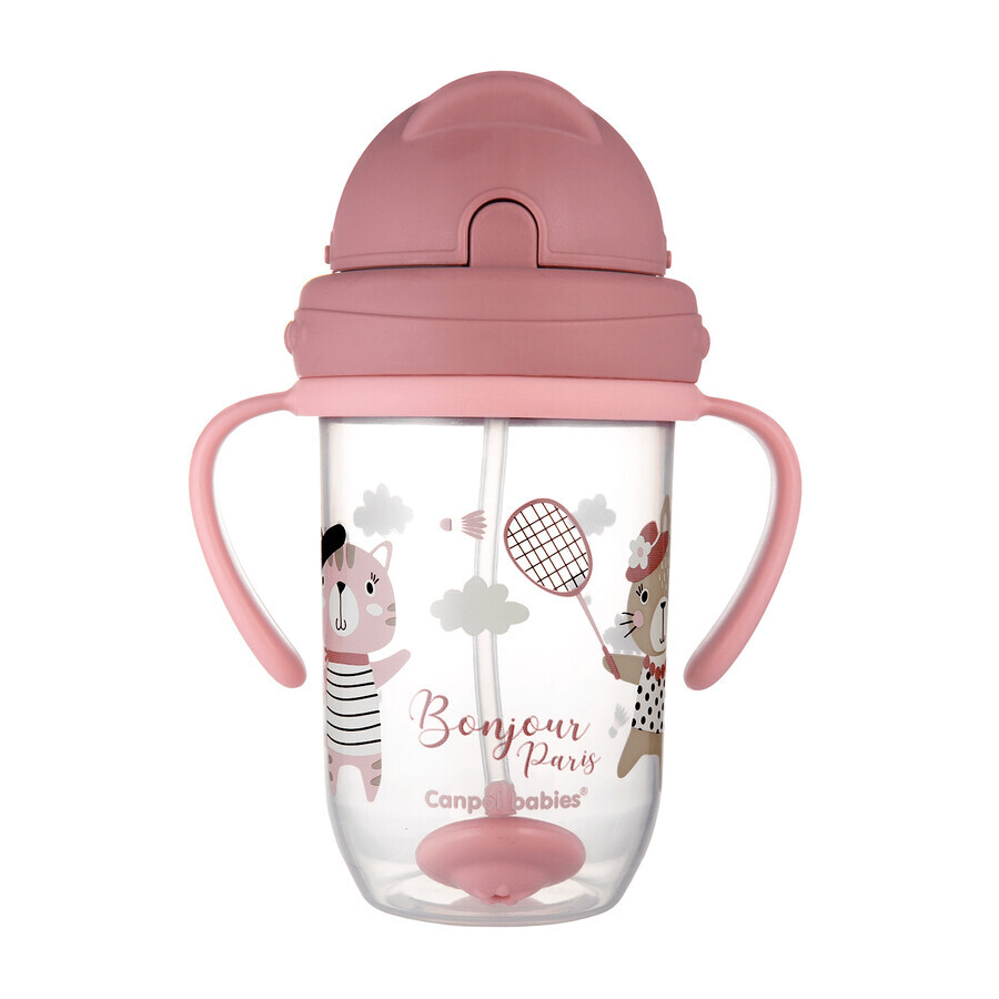 Canpol Babies Set, tropffreier Becher mit Schlauch und Gewicht, Bonjur Paris, rosa, ab 6 Monaten, 270 ml + tropffreier Silikonschlauch mit Gewicht, grau, 1 Stück für 1 Penny