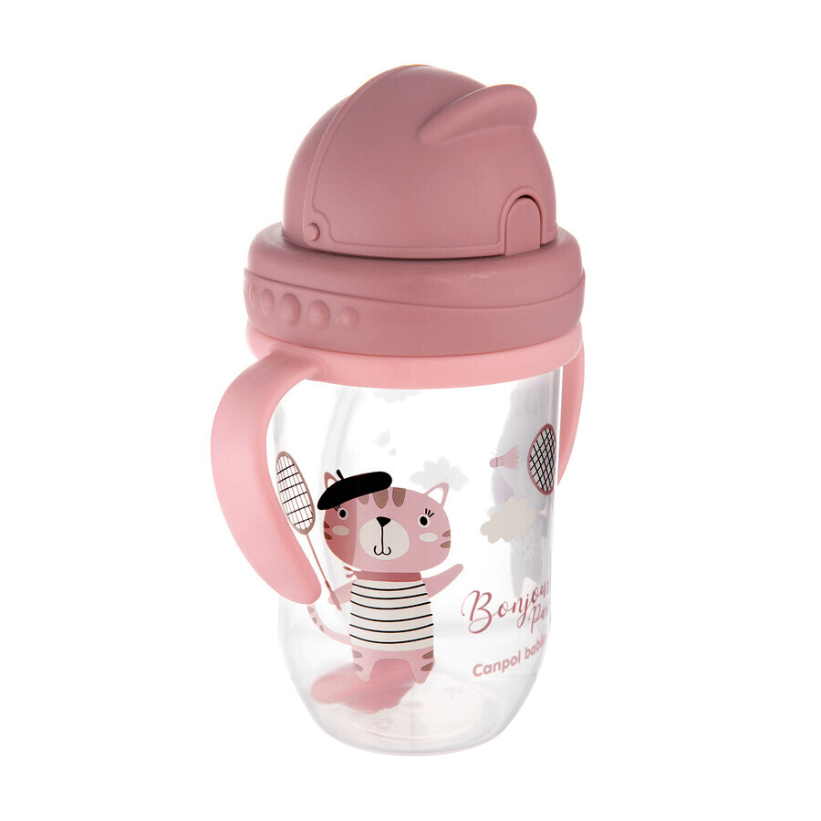 Canpol Babies Set, tropffreier Becher mit Schlauch und Gewicht, Bonjur Paris, rosa, ab 6 Monaten, 270 ml + tropffreier Silikonschlauch mit Gewicht, grau, 1 Stück für 1 Penny