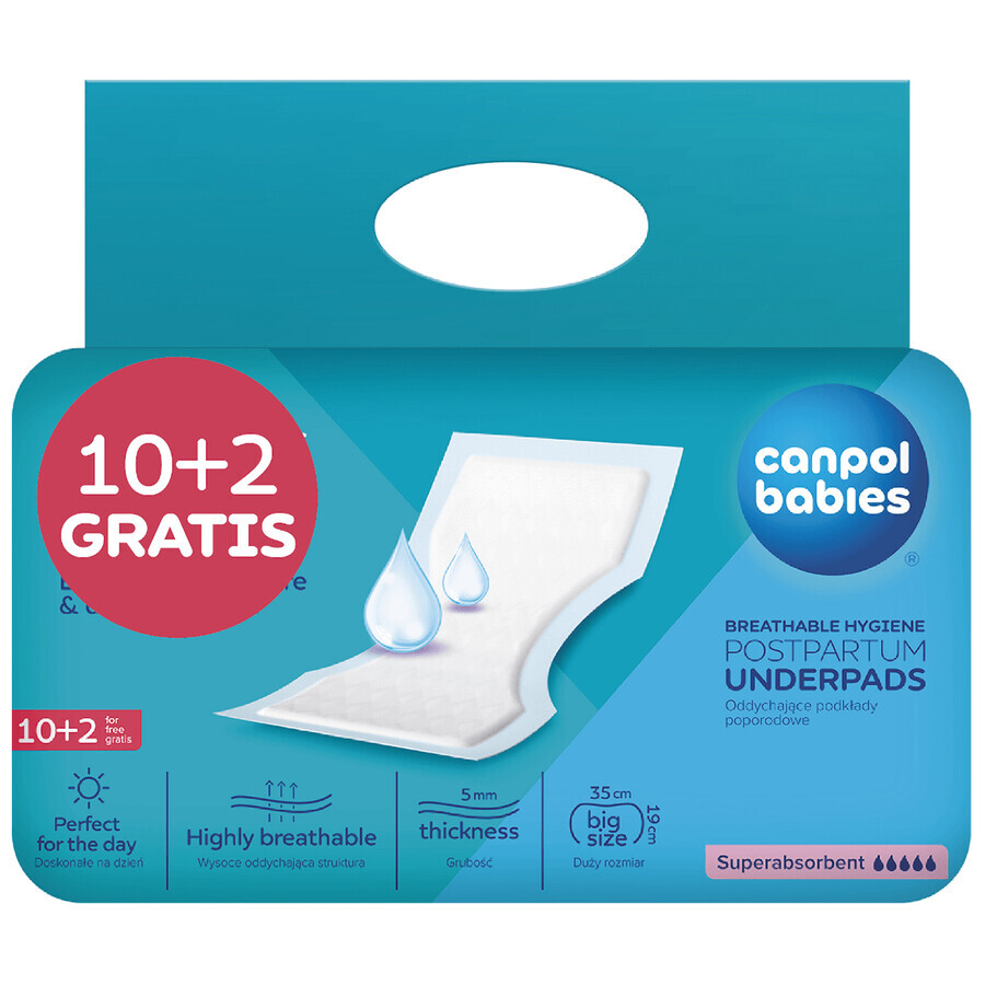 Canpol Babies, breathable, highly absorbent postnatal pads, 10 pieces + 2 pieces free of charge