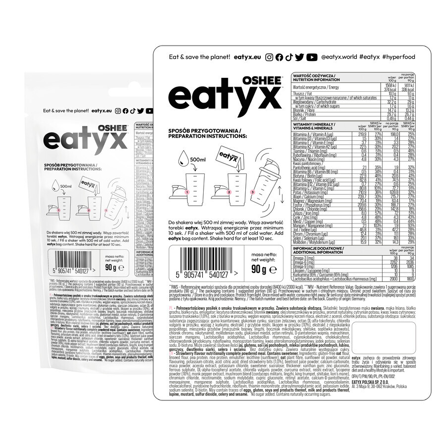 OSHEE Eatyx, repas froid en poudre, végétalien, fraise, 90 g