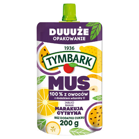 Tymbark 100% Mousse în tub, măr, banană, fructul pasiunii, lămâie, fără zahăr adăugat, 200 g