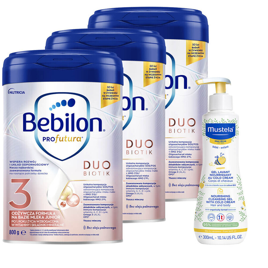 Bebilon Profutura Profutura DuoBiotik 3er Set, nährende Milchnahrung, ab 1 Jahr, 3 x 800 g + Mustela Bebe Enfant, nährendes Waschgel, 300 ml gratis