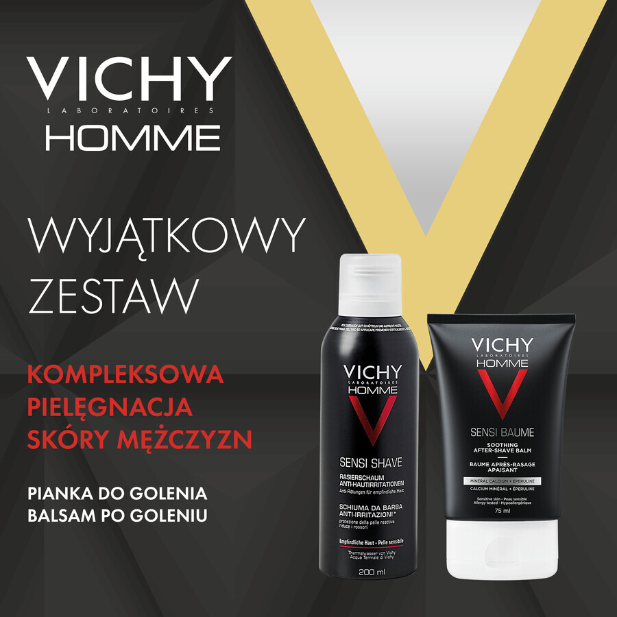 Set de bărbierit Vichy Homme Sensi, spumă de bărbierit blândă anti-iritantă, 200 ml + balsam aftershave calmant pentru piele sensibilă, 50 ml