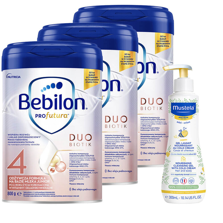 Set Bebilon Profutura Profutura DuoBiotik 4, lait maternisé nourrissant, après 2 ans, 3 x 800 g + Mustela Bebe Enfant, gel lavant nourrissant, 300 ml gratuit