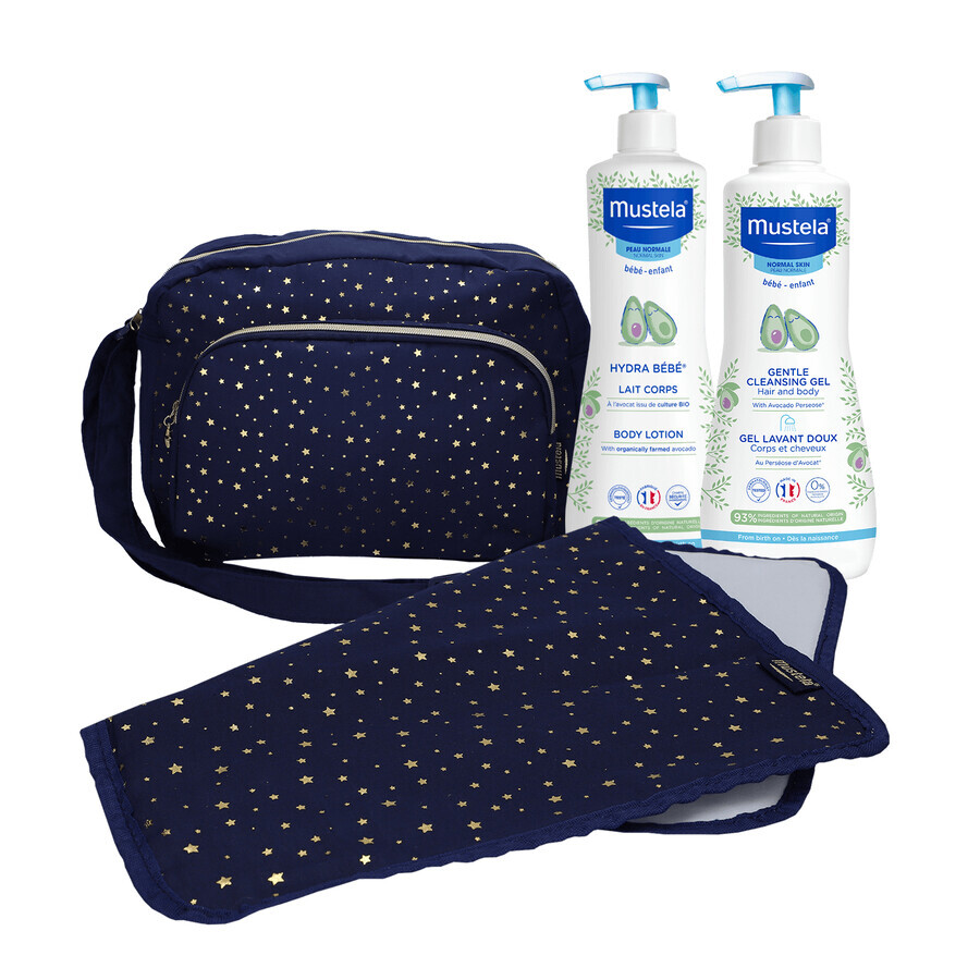 Mustela Bebe Enfant Hydra Bebe Set, Körpermilch 750 ml + sanftes Reinigungsgel 750 ml + gratis Tauschmattenbeutel