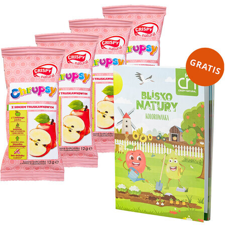 Crispy Natural Crunchy Set, getrocknete Apfelwürfel mit Erdbeersaft, 4 x 12 g + gratis Blissful Nature Malbuch