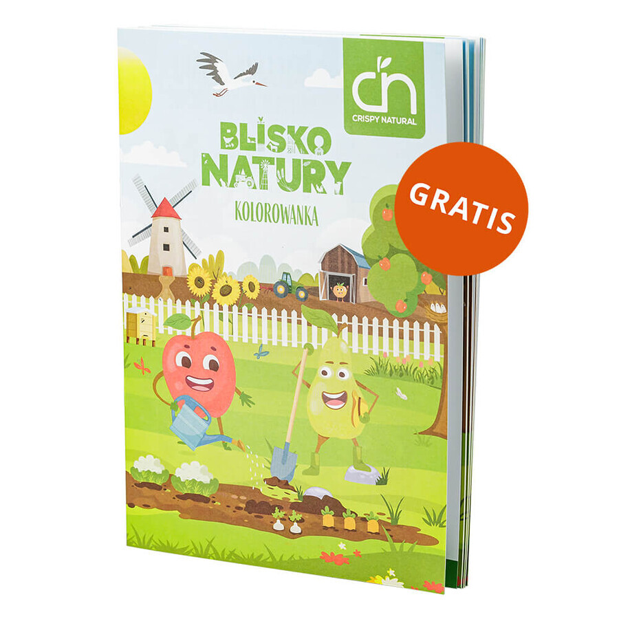 Crispy Natural Crunchy Set, getrocknete Apfelwürfel mit Erdbeersaft, 4 x 12 g + gratis Blissful Nature Malbuch