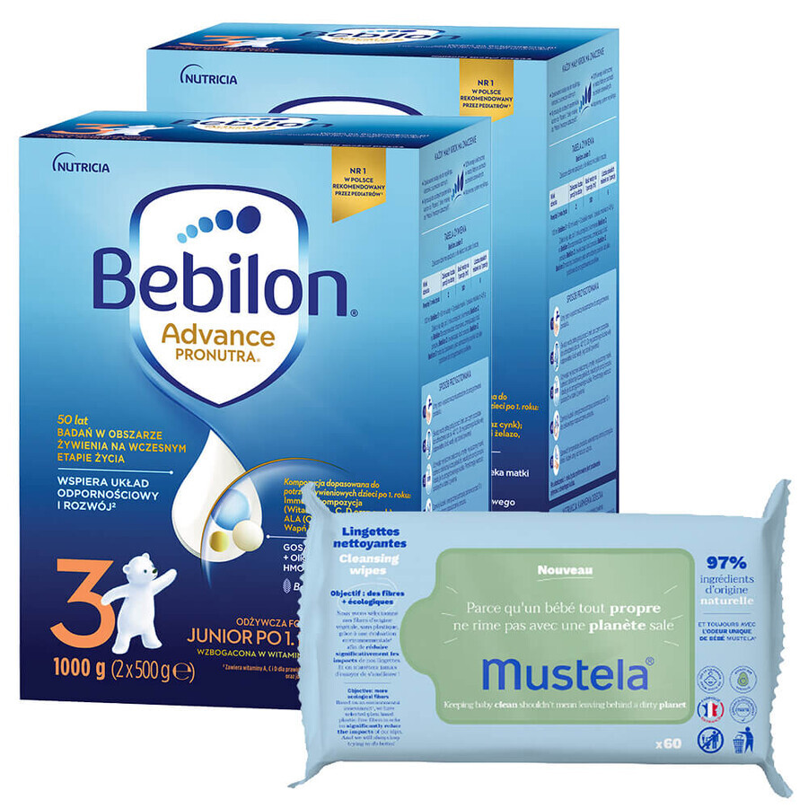 Set Bebilon Advance Pronutra 3 Junior, Milchnahrung, ab 1 Jahr, 2 x 1000 g + Mustela Feuchttücher, 60 gratis