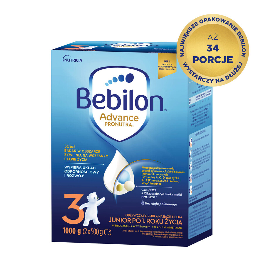 Set Bebilon Advance Pronutra 3 Junior, Milchnahrung, ab 1 Jahr, 2 x 1000 g + Mustela Feuchttücher, 60 gratis