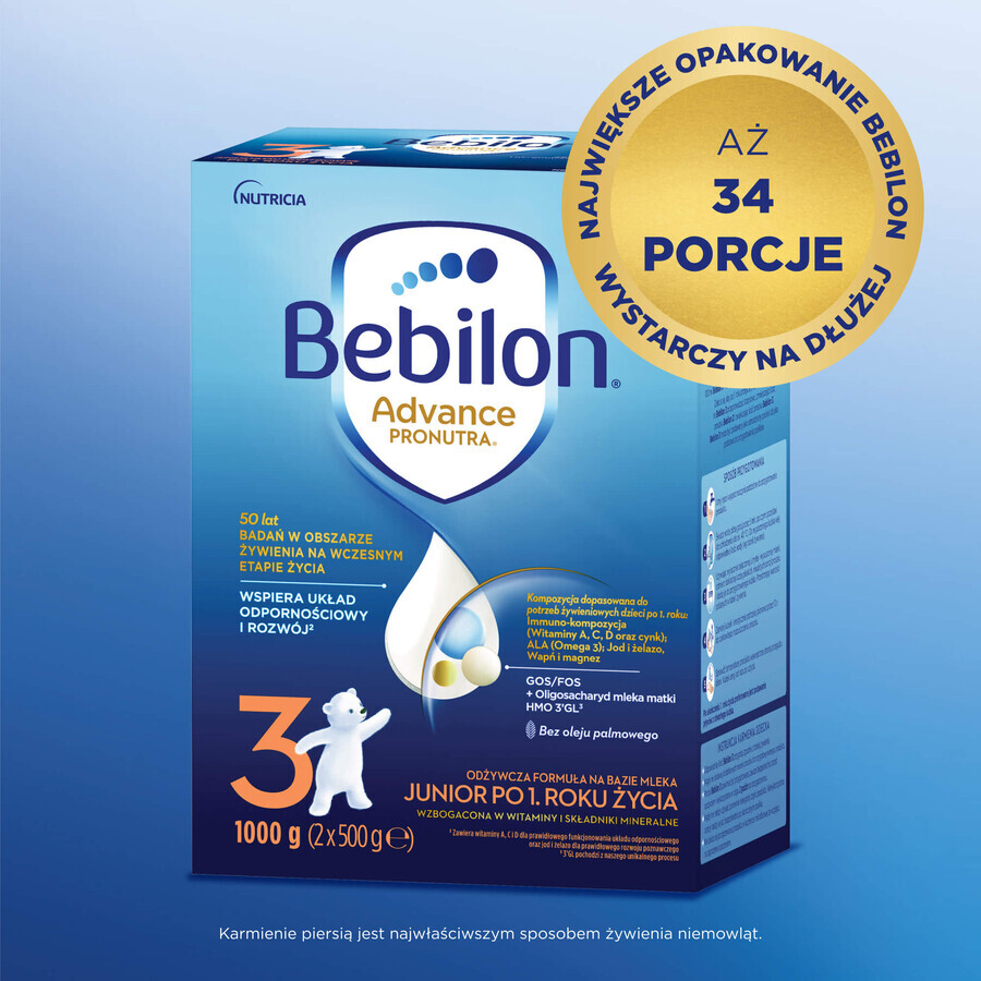 Set Bebilon Advance Pronutra 3 Junior, Milchnahrung, ab 1 Jahr, 2 x 1000 g + Mustela Feuchttücher, 60 gratis