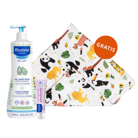 Mustela Bebe Enfant set, zachte wasgel voor lichaam en hoofd, vanaf de geboorte, 750 ml + luiercrème 1,2,3, vanaf de geboorte, 100 ml + gratis bamboe luier