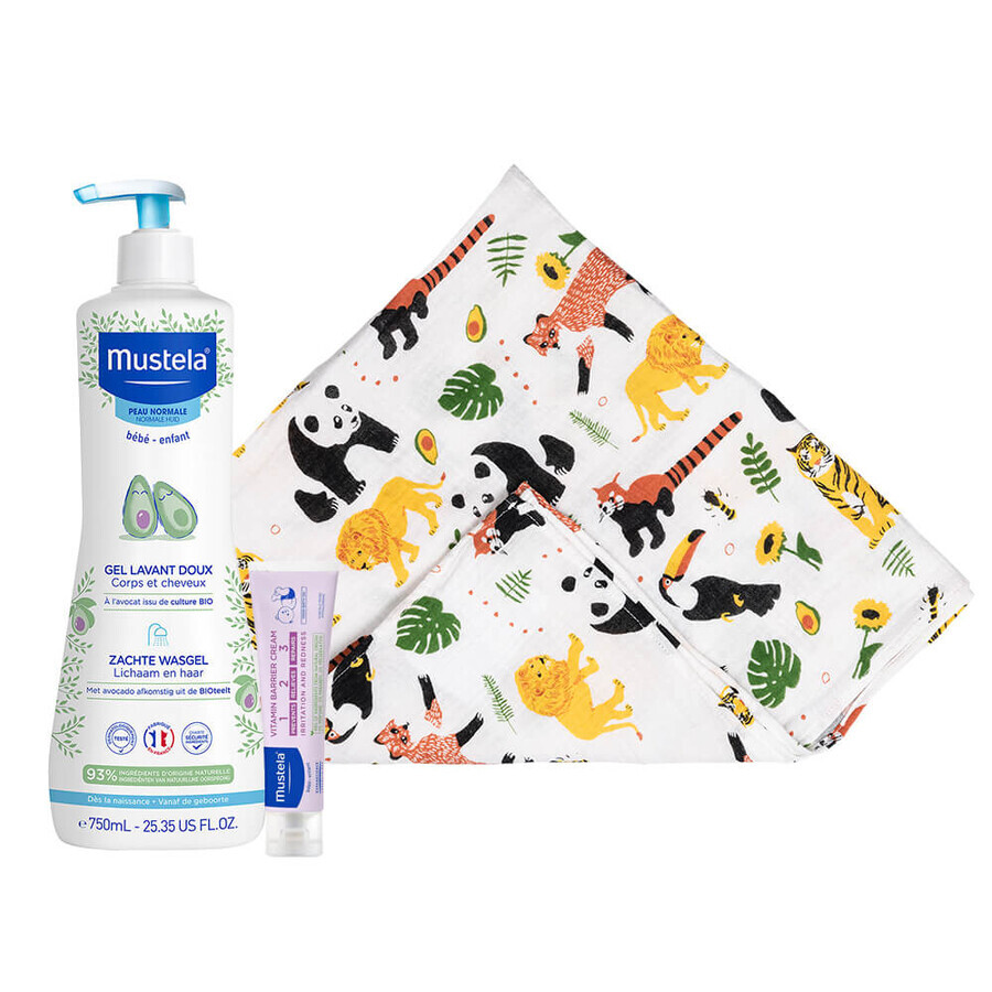 Mustela Bebe Enfant set, zachte wasgel voor lichaam en hoofd, vanaf de geboorte, 750 ml + luiercrème 1,2,3, vanaf de geboorte, 100 ml + gratis bamboe luier