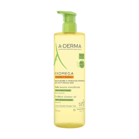 A-Derma Exomega Control, aceite de ducha emoliente, piel seca con tendencia a la atopia, desde el nacimiento, 750 ml