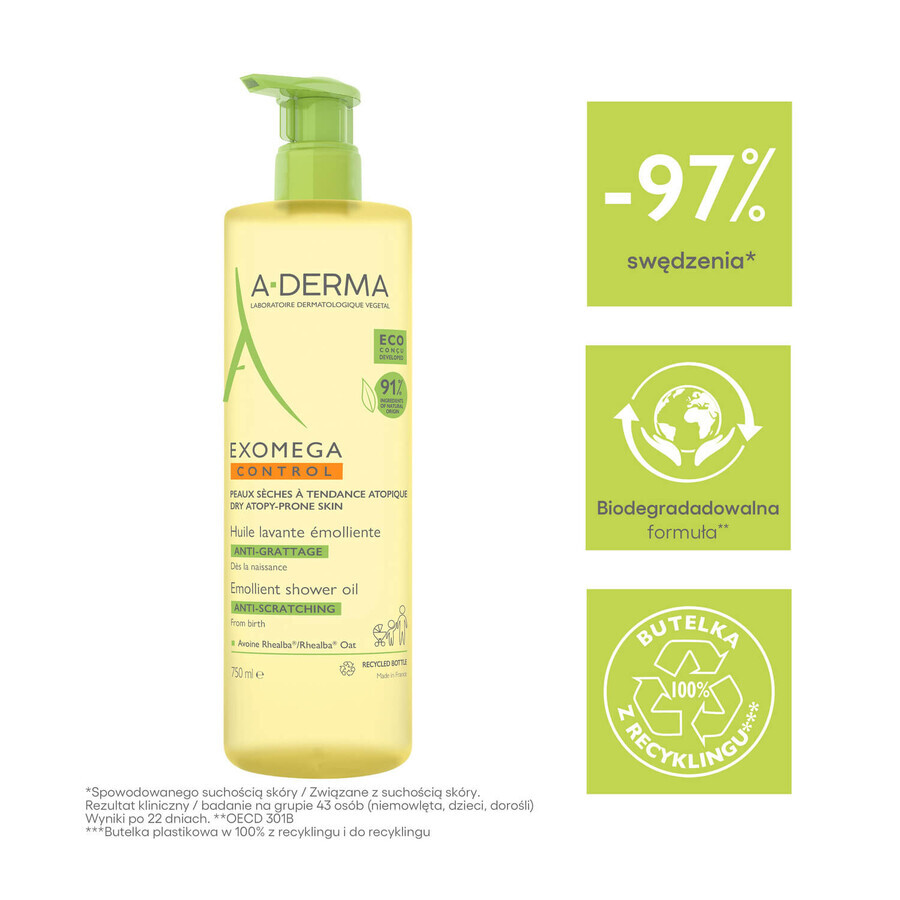 A-Derma Exomega Control, aceite de ducha emoliente, piel seca con tendencia a la atopia, desde el nacimiento, 750 ml