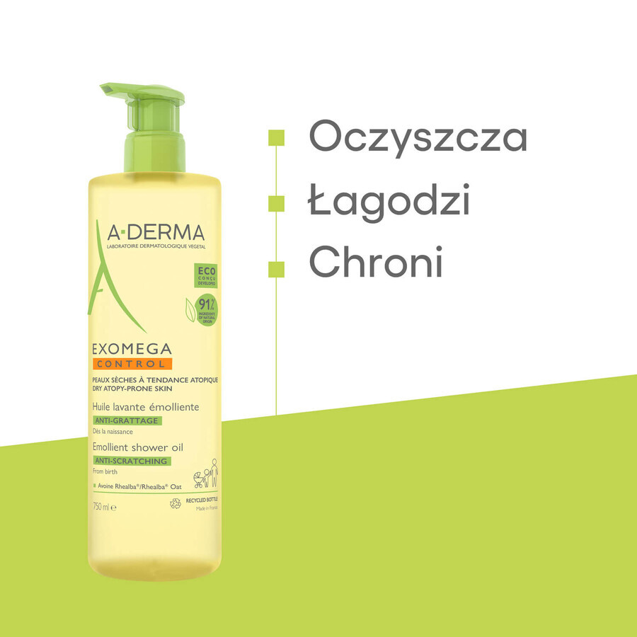 A-Derma Exomega Control, aceite de ducha emoliente, piel seca con tendencia a la atopia, desde el nacimiento, 750 ml