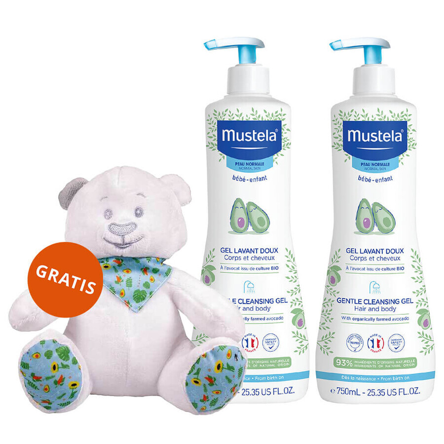 Mustela Bebe Enfant Set, sanfte Körper- und Kopfwäsche, ab Geburt, 2 x 750 ml + gratis Teddybär-Wickel