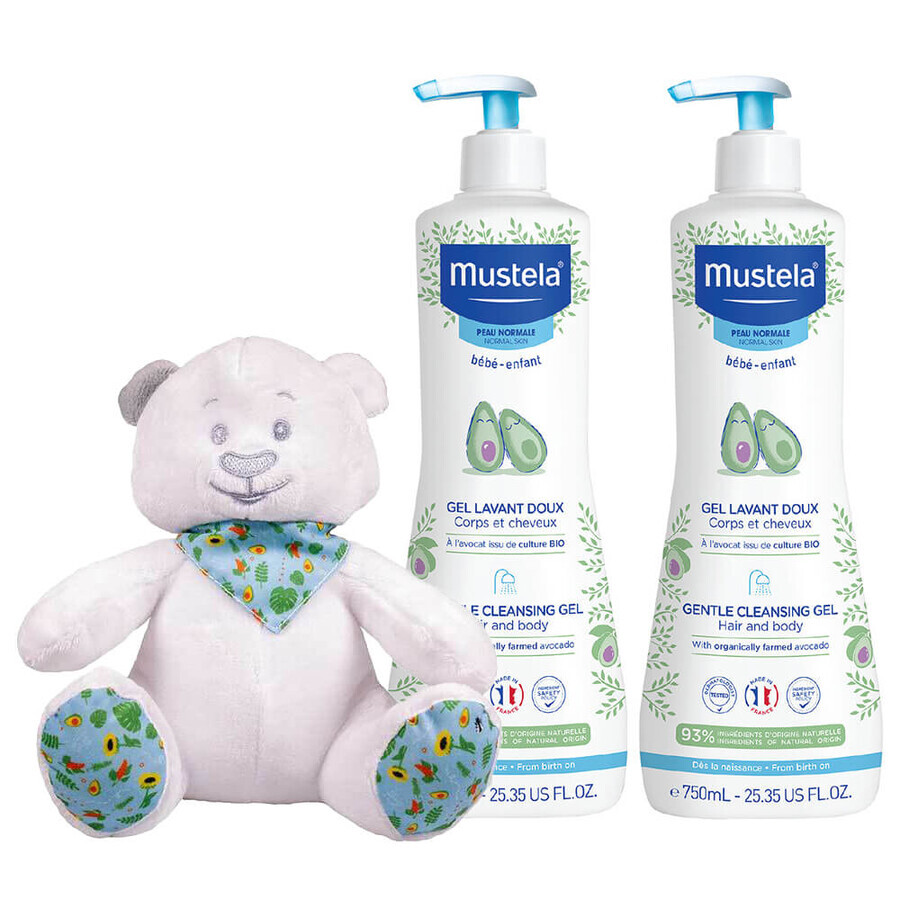 Mustela Bebe Enfant Set, sanfte Körper- und Kopfwäsche, ab Geburt, 2 x 750 ml + gratis Teddybär-Wickel