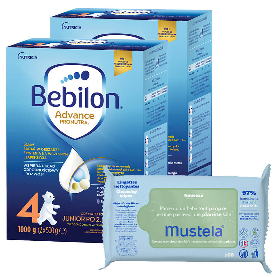 Lote Bebilon Advance Pronutra 4 Junior, leche maternizada, a partir de 2 años, 2 x 1000 g + toallitas Mustela, 60 gratis