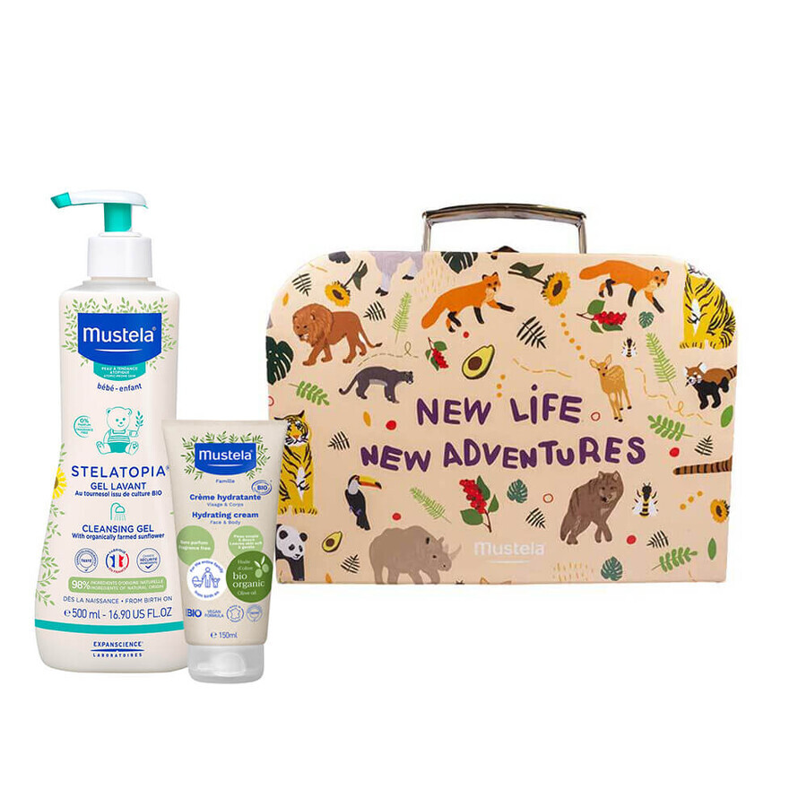 Coffret Mustela Stelatopia, Mustela Stelatopia gel douche dès la naissance, 500 ml + crème hydratante visage et corps dès la naissance, 150 ml + coffret, 1 gratuit