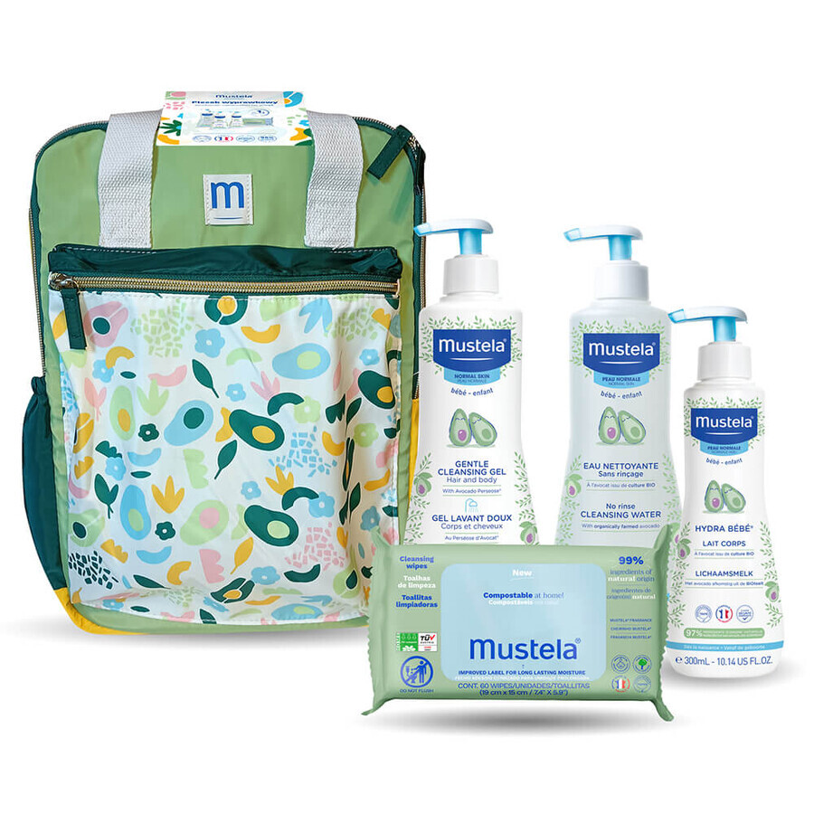 Sac à dos Mustela Layout, gel lavant, 500 ml + eau nettoyante, 500 ml + lait corporel, 300 ml + lingettes humides, 60 pièces