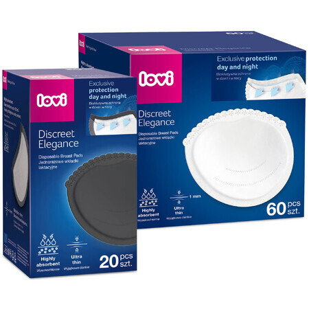 Lovi Discreet Elegance set, tampoane pentru sâni, alb, 60 bucăți + negru, 20 bucăți