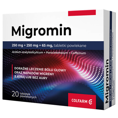 Migromin 250 mg + 250 mg + 65 mg, 20 tablets