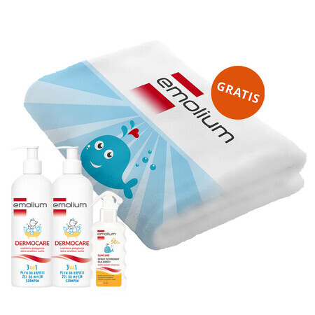 Emolium Dermocare 3 in 1 Set, Badelotion, Waschgel, Shampoo, 2 x 400 ml + Schutzspray für Kinder ab 1 Jahr, SPF 50+, 175 ml + gratis Handtuch