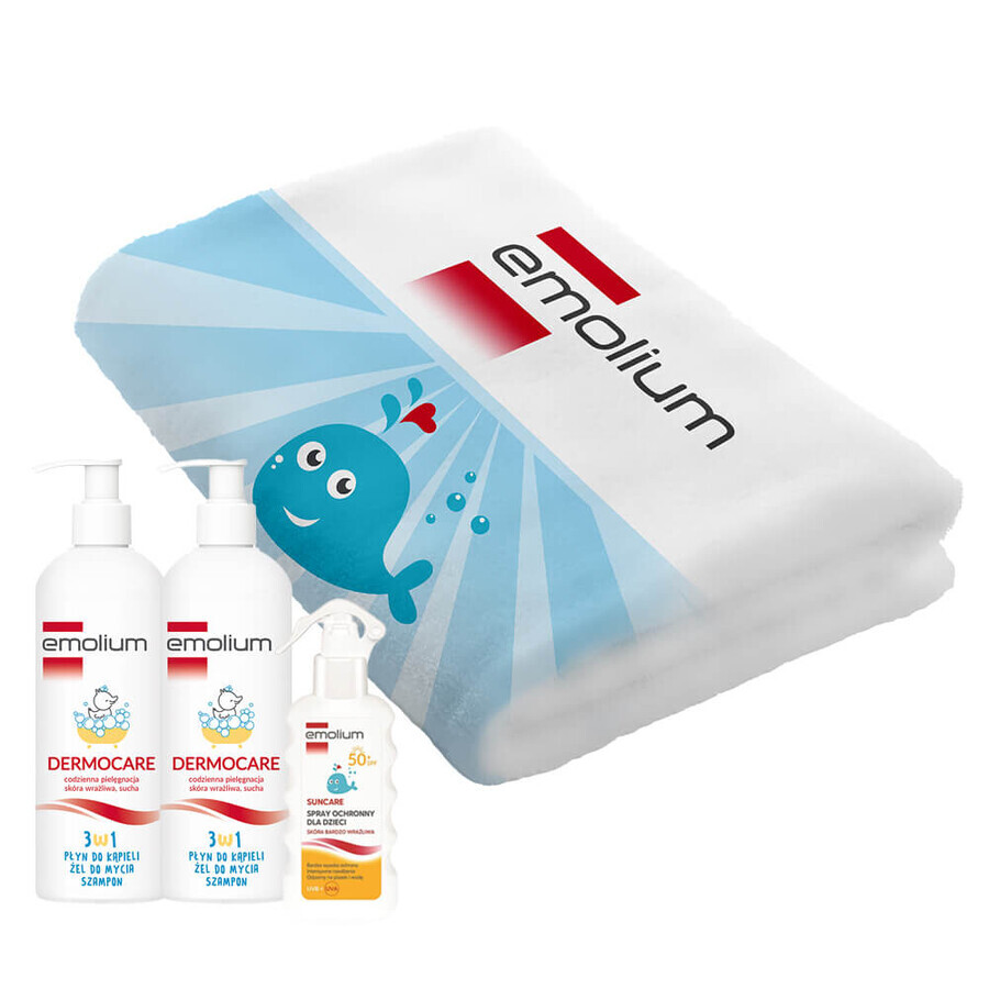 Emolium Dermocare 3 in 1 Set, Badelotion, Waschgel, Shampoo, 2 x 400 ml + Schutzspray für Kinder ab 1 Jahr, SPF 50+, 175 ml + gratis Handtuch