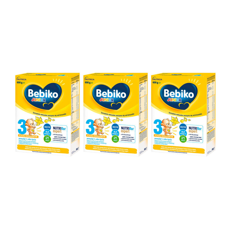 Bebiko Junior 3 Nutriflor Expert set, voedzame melkvoeding, vanaf 1 jaar, vanillesmaak, 3 x 600 g