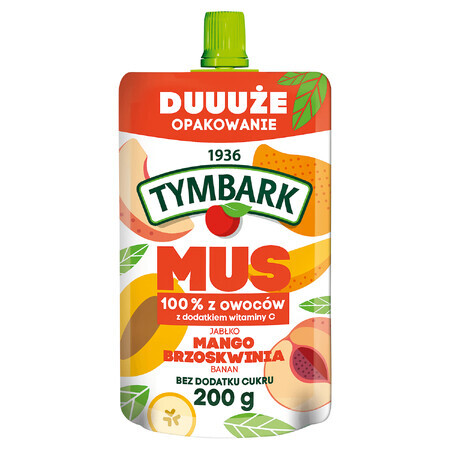 Tymbark Mousse în tub 100%, mere, mango, piersici, banane, fără zahăr adăugat, 200 g