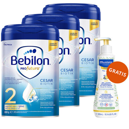 Set Bebilon Profutura CesarBiotik 2, lapte de continuare, după 6 luni, 3 x 800 g + Mustela Bebe Enfant, gel nutritiv de spălare, 300 ml gratuit