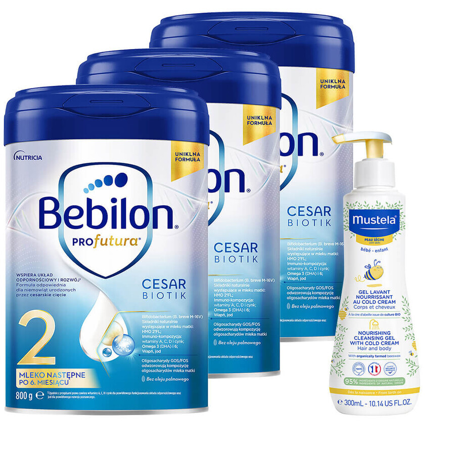 Set Bebilon Profutura CesarBiotik 2, lapte de continuare, după 6 luni, 3 x 800 g + Mustela Bebe Enfant, gel nutritiv de spălare, 300 ml gratuit