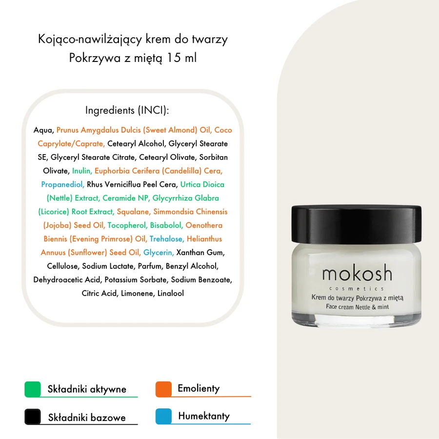 Mokosh soothing and moisturizing face cream, nettle with mint, 15 ml
