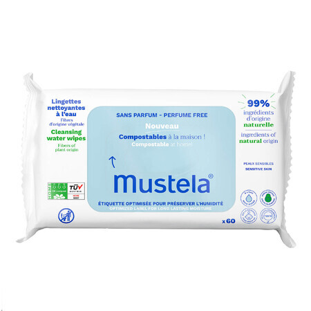 Mustela, salviette detergenti, compostabili, non profumate, dalla nascita, 60 pezzi