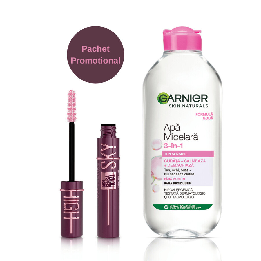 Garnier Skin Naturals Micellar Water + Maybelline New York Lash Sensational Sky High Mascara, Burgundy Haze, 400 ml + 7,2 ml, loreal