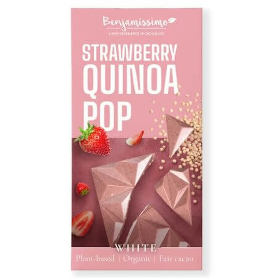 Weiße Bio-Schokolade mit Erdbeeren und Quinoa, 60 g, Benjamisimo