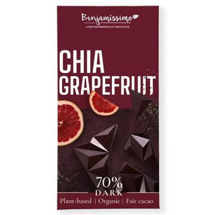 Zartbitterschokolade 70% Bio mit Chia und Grapefruit, 60 g, Benjamissimo