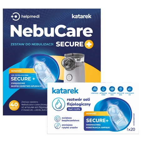 NebuCare Secure+, set de nebulizare, nebulizator cu plasă NE-M01L + soluție salină NaCl 0,9%, 5 ml x 40 fiole