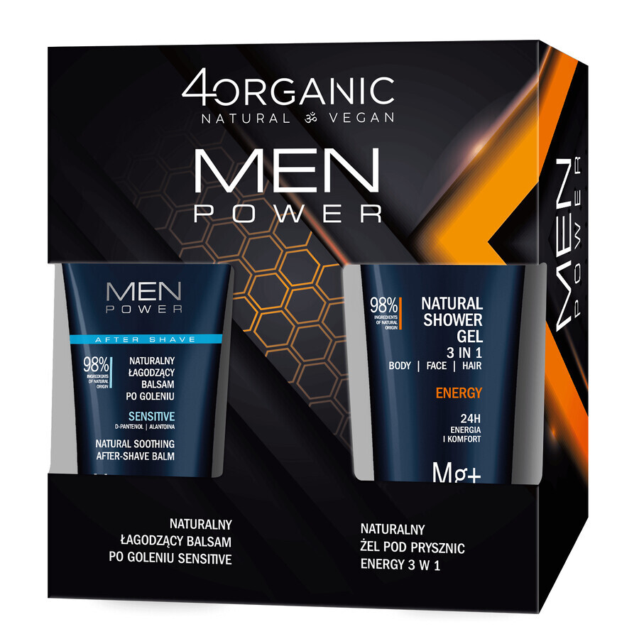 4Organic Men Power Set, beruhigender After Shave Balsam, Sensitive, 150 ml + Duschgel, Energy, 250 ml